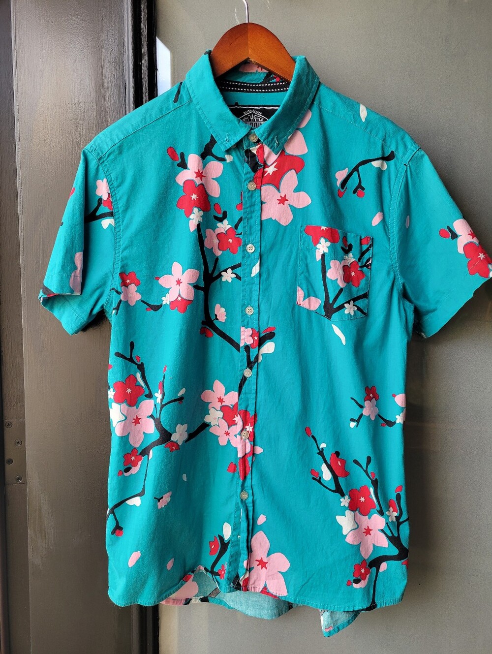 Cherry Blossom Five points Men's Medium Blue Short Sleeve Button-Up Shirt pocket - Picture 2 of 9